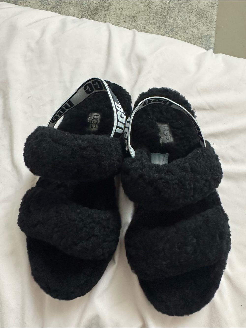 UGG Black Fuzzy Slide Sandals with Branded Heel Strap